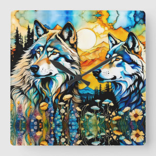 Grey wolves and Wildflowers Square Wall Clock