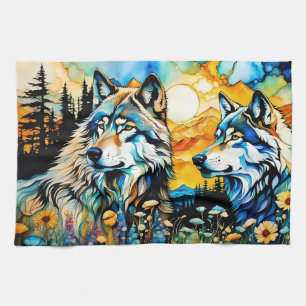 Grey wolves and Wildflowers Tea Towel
