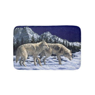 Grey Wolves in Snowy Winter Mountains Bath Mat