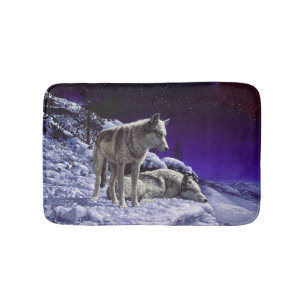 Grey Wolves in Winter Snow at Night Bath Mat