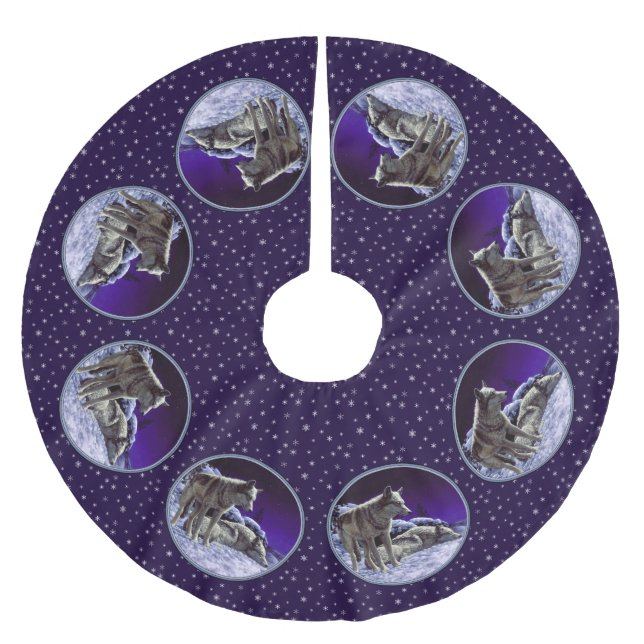Grey Wolves in Winter Snow at Night Brushed Polyester Tree Skirt (Front)