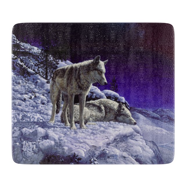 Grey Wolves in Winter Snow at Night Cutting Board (Front)