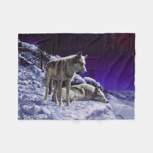 Grey Wolves in Winter Snow at Night Fleece Blanket