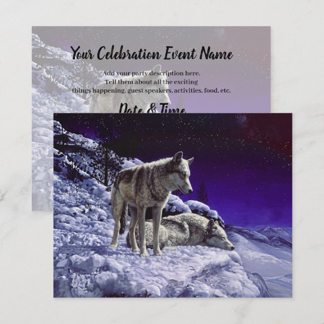 Grey Wolves in Winter Snow at Night Invitation (Front/Back)