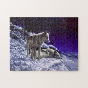 Grey Wolves in Winter Snow at Night Jigsaw Puzzle