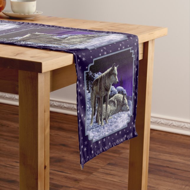 Grey Wolves in Winter Snow at Night Medium Table Runner (In Situ)