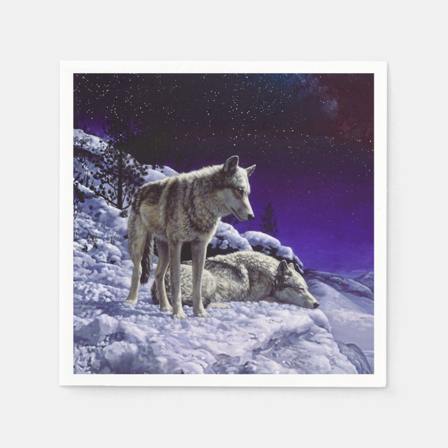 Grey Wolves in Winter Snow at Night Napkin (Front)