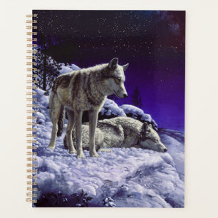 Grey Wolves in Winter Snow at Night Planner
