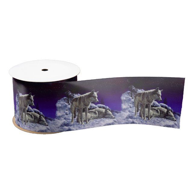 Grey Wolves in Winter Snow at Night Satin Ribbon (Spool)