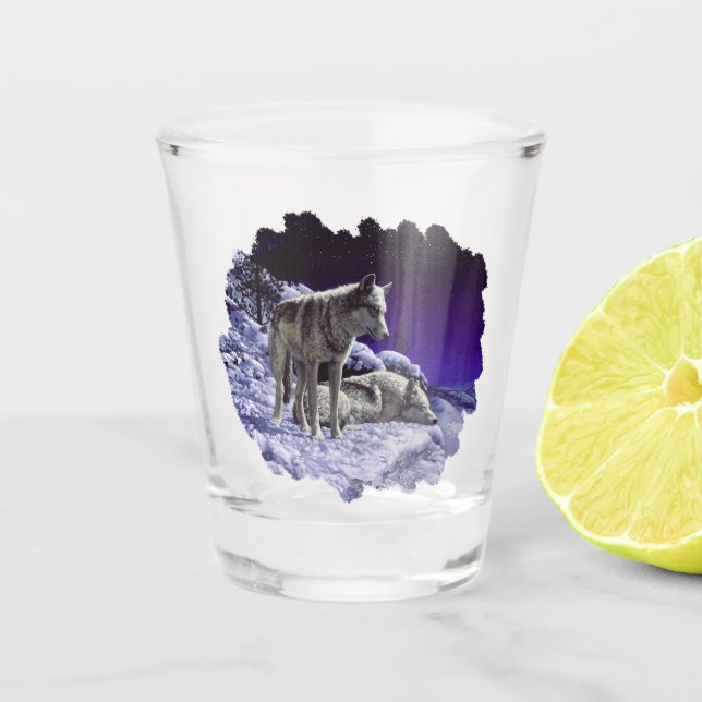 Grey Wolves in Winter Snow at Night Shot Glass (Front)