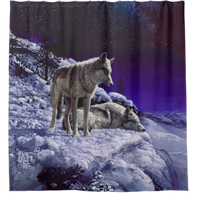 Grey Wolves in Winter Snow at Night Shower Curtain (Front)