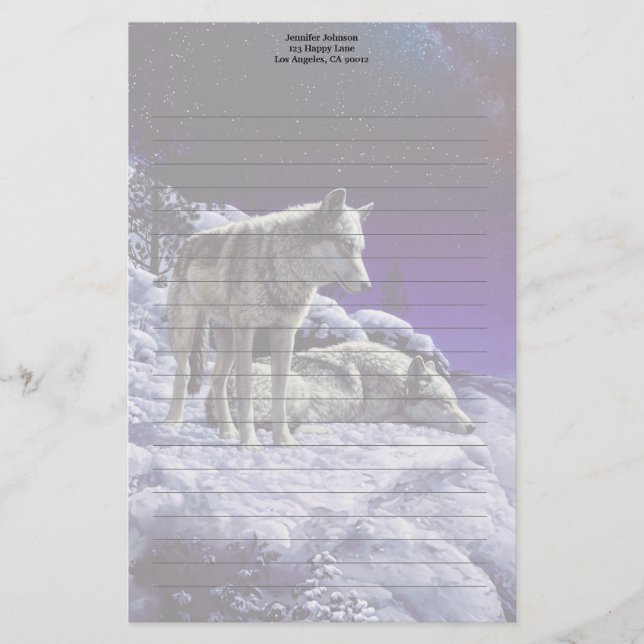 Grey Wolves in Winter Snow at Night Stationery (Front)