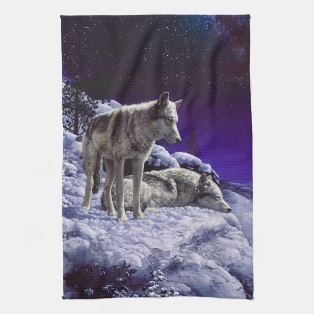 Grey Wolves in Winter Snow at Night Tea Towel (Vertical)