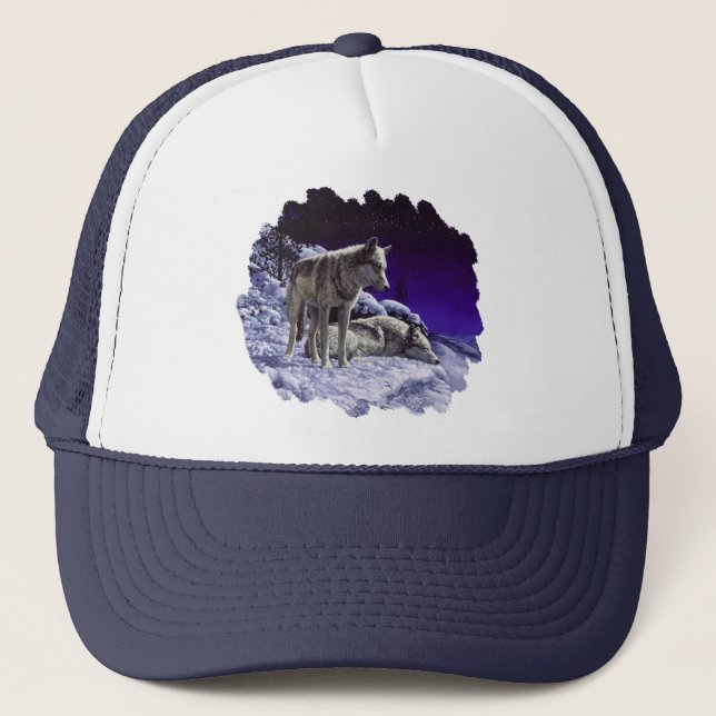 Grey Wolves in Winter Snow at Night Trucker Hat (Front)