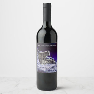 Grey Wolves in Winter Snow at Night Wine Label