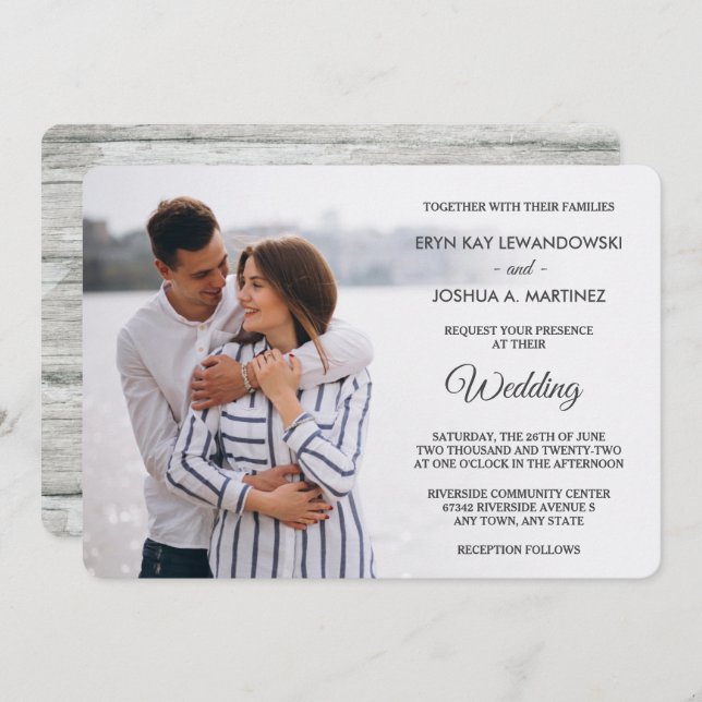 Grey Wood Back Photo Template Wedding Invitation (Front/Back)