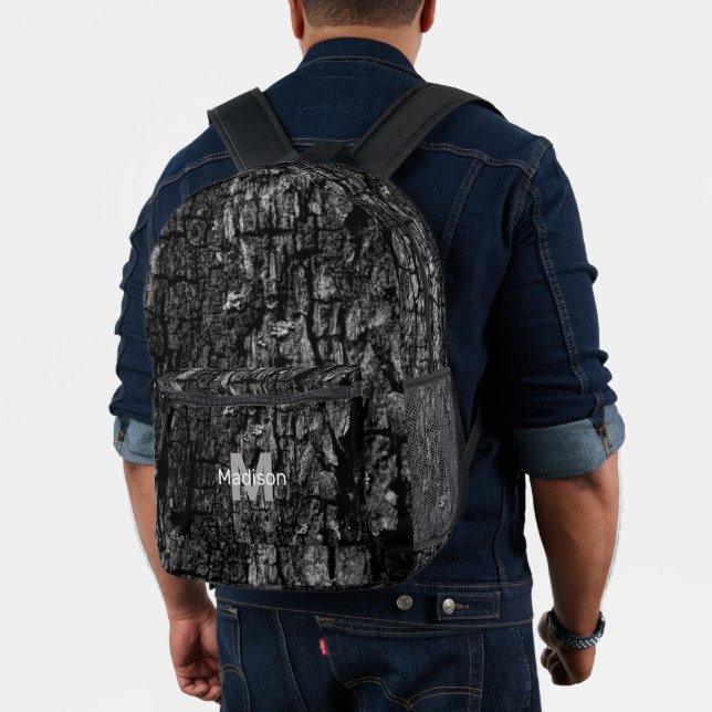 Grey wood bark custom Monogram name initial  Printed Backpack (Insitu (Model))