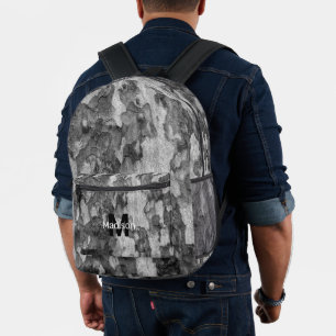 Grey wood bark custom Monogram name initial Printed Backpack