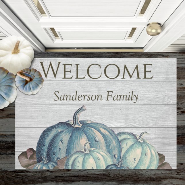 Grey Wood Blue Pumpkin Rustic Cute Doormat (Creator Uploaded)