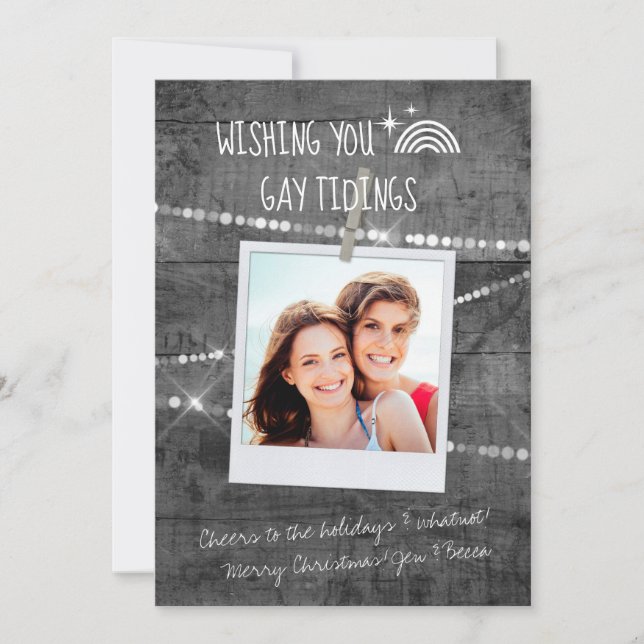 Grey Wood Cute Gay Tidings LGBT Photo Holiday Card (Front)