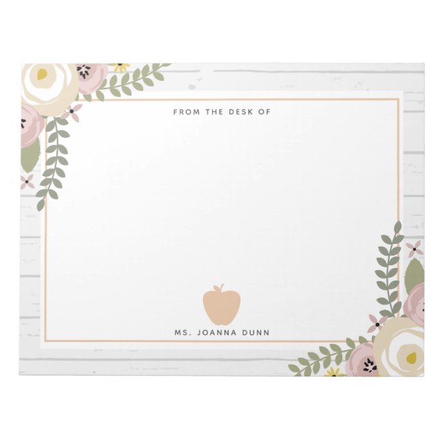 Grey Wood Dusty Floral Pink Apple Teacher Notepad (Front)
