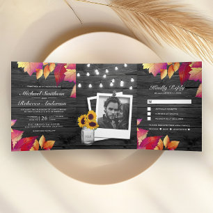 Grey Wood Fall Autumn Leaves All in One Wedding Tri-Fold Invitation