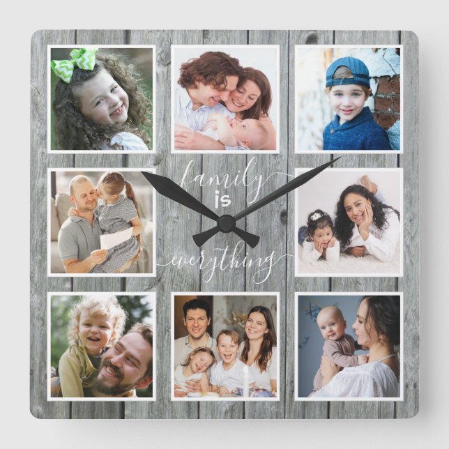 Grey Wood Family Is Everything Quote 8 Photo Frame Square Wall Clock (Front)