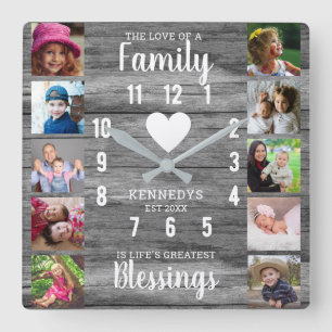 Grey Wood Family Quote 10 Square Photo Collage Wall Clock