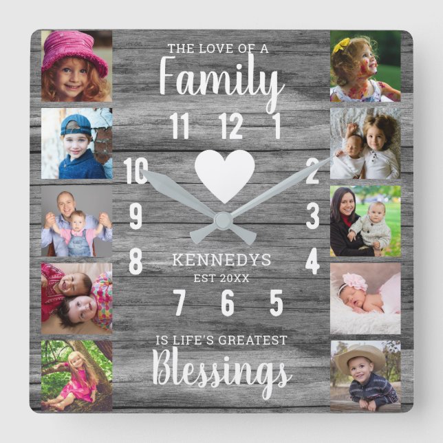 Grey Wood Family Quote  10 Square Photo Collage  Wall Clock (Front)
