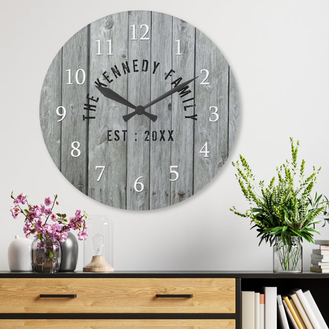 Grey Wood Farmhouse Family Name Large Clock (Creator Uploaded)
