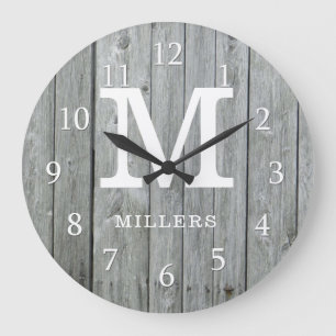 Grey Wood Farmhouse Monogram Large Clock