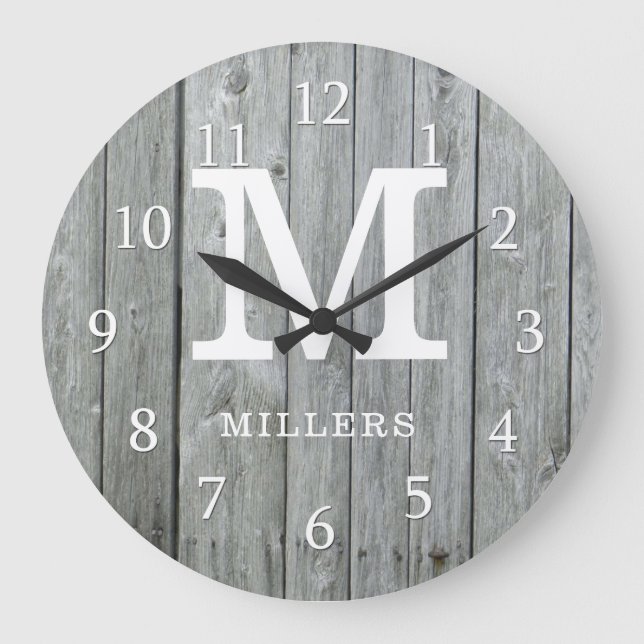 Grey Wood Farmhouse Monogram Large Clock (Front)