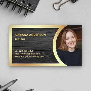 Grey Wood Gold Foil Real Estate Photo Realtor Business Card