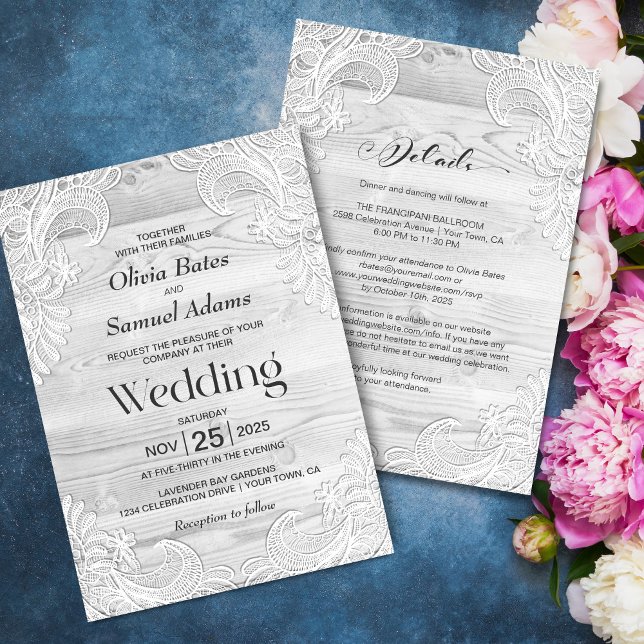 Grey Wood Lace All In One Wedding Invitation (Creator Uploaded)