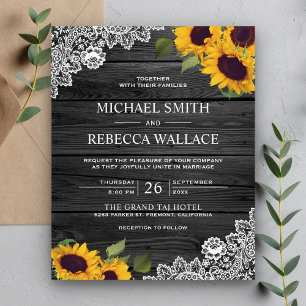 Grey Wood Lace Sunflower Budget Wedding Invitation