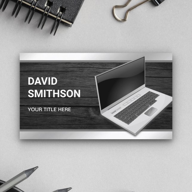 Grey Wood Laptop PC Computer Repair Technician Business Card (Creator Uploaded)