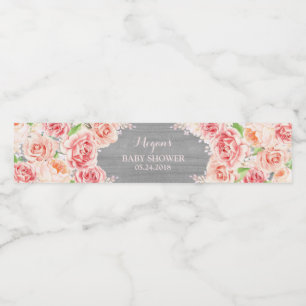 Grey Wood Pink Watercolor Flowers Baby Shower Water Bottle Label