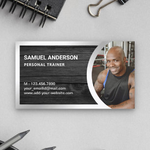 Grey Wood Silver Fitness Personal Trainer Photo Business Card