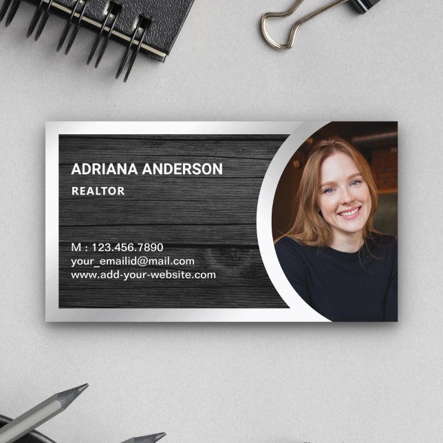 Grey Wood Silver Foil Real Estate Photo Realtor Business Card (Creator Uploaded)