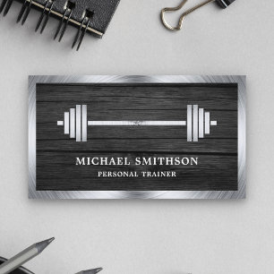 Grey Wood Steel Barbell Fitness Personal Trainer Business Card