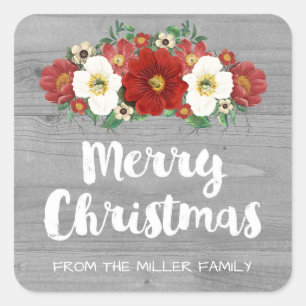 Grey Wood Vintage Red Floral Merry Christmas Square Sticker