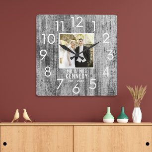  Grey Wood Wedding Anniversary Personalised Photo  Square Wall Clock
