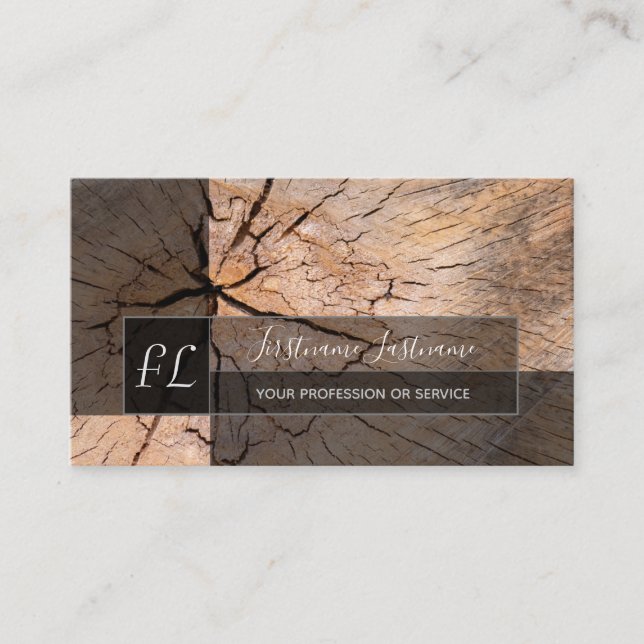 Grey wooden plank surface grey rectangle monogram  business card (Front)