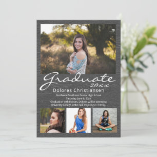 Grey Woodgrain Modern 4 Photo Graduation Invitation