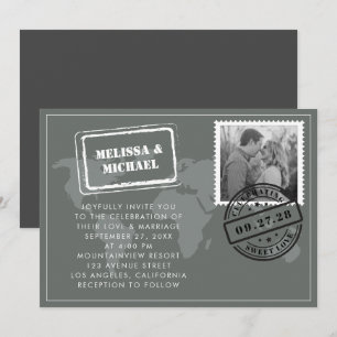 Grey World Map Destination Wedding Photo Invitation