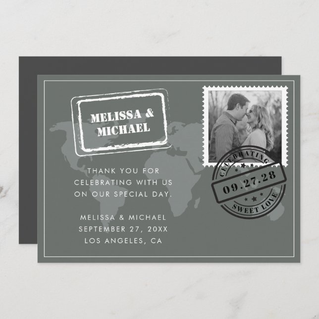 Grey World Map Destination Wedding Photo Thank You Card (Front/Back)