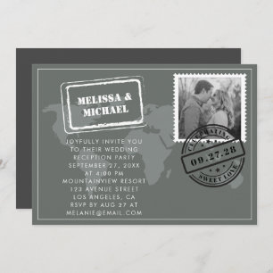Grey World Map Destination Wedding Reception Invitation