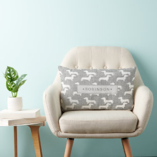 Grey Woven Fabric Print Dog Dachshund Pattern Name Lumbar Cushion