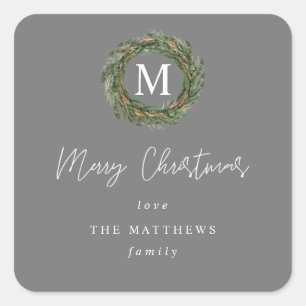 Grey Wreath Monogram Merry Christmas Gift Square S Sticker