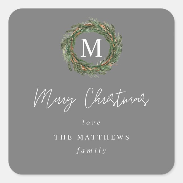 Grey Wreath Monogram Merry Christmas Gift Square S Sticker (Front)